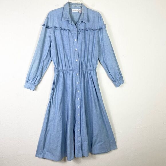Vintage Liz Claiborne Light Wash Denim Ruffle Trim Long Sleeve A Line Dress 14 - Picture 1 of 7